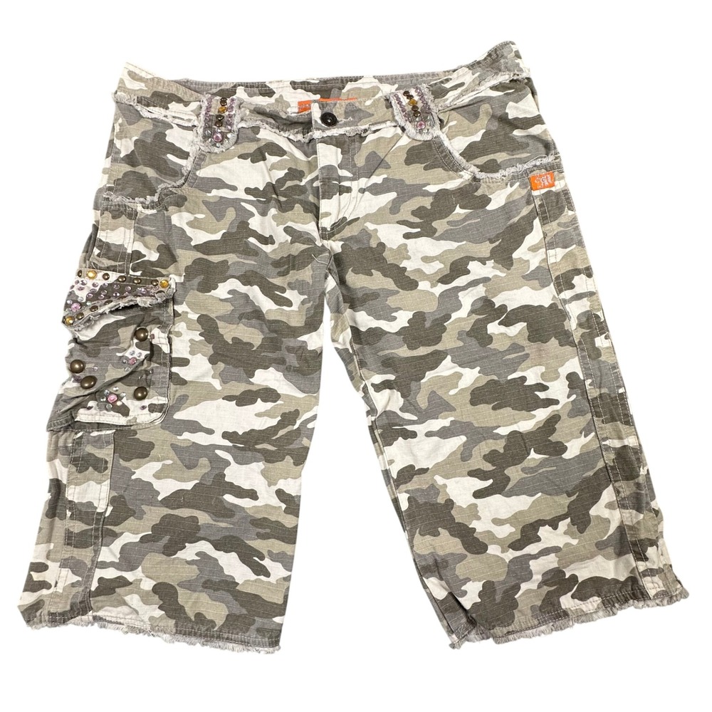 Miss Me Camouflage Cargo Shorts with Embellishments